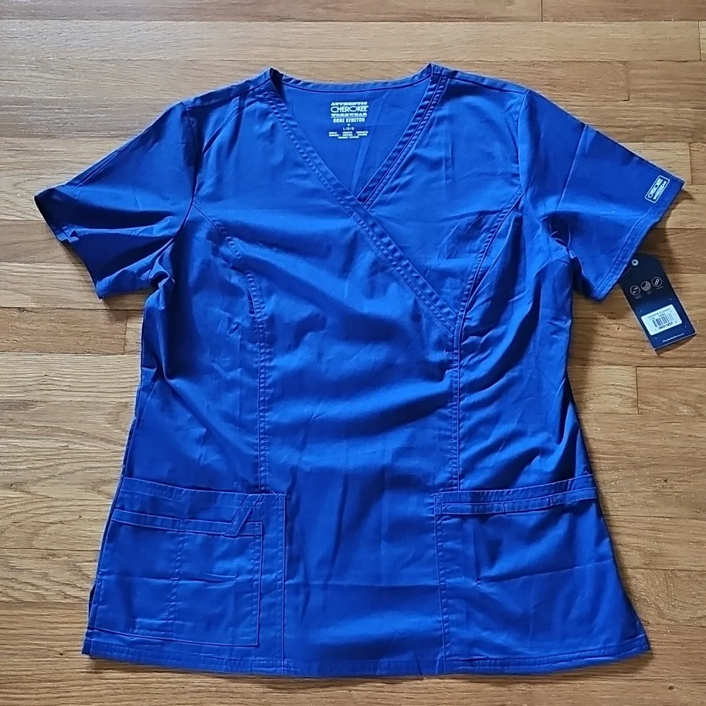 Cherokee Galaxy Blue Short Sleeve VNeck Medical Scrub Top Women's Size Large NWT - Picture 4 of 15